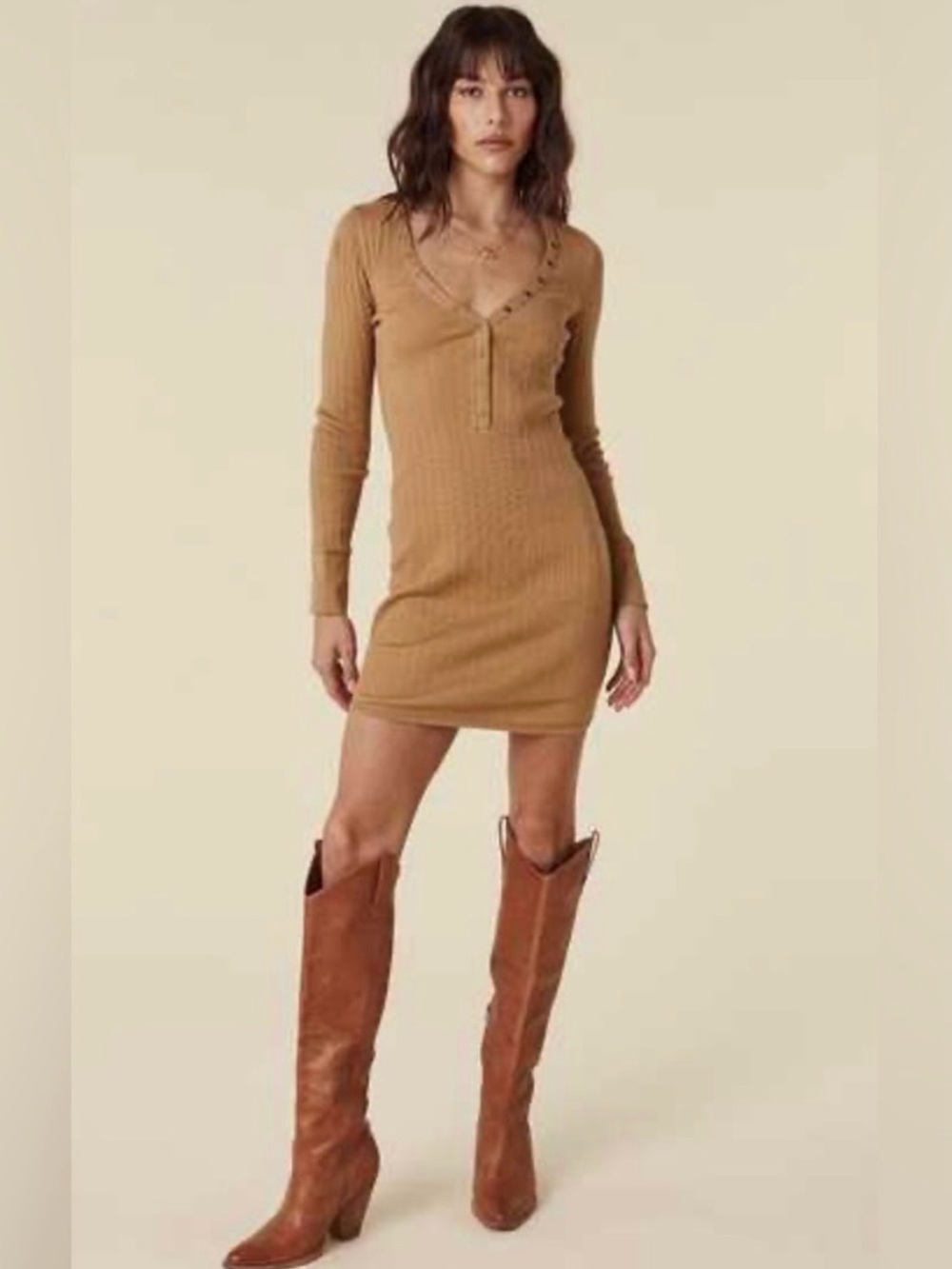 SPELL Stella Rib Henley Dress in Mocha. V-neck Long Sleeve Ribbed Mini Size Med